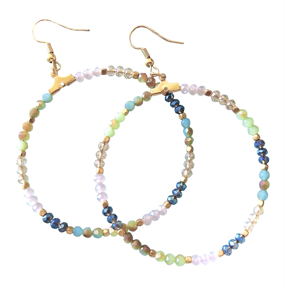 Beaded Gold Hoops Full of Soft Shimmering Beads of Blue, White, Green & Golds✨